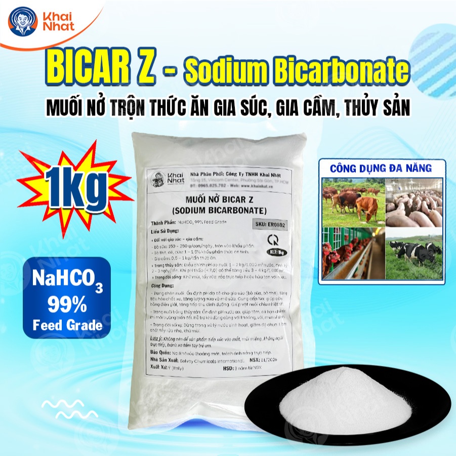 Muối nở Bicar Z NaHCO3 99% Sodium Bicarbonate Tăng Kiềm Ao Nuôi Tôm Cá Ổn Định Nước (Gói 1kg)