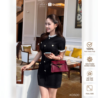 Đầm thun Khiết Style dệt tăm đen phối cổ ren boi trắng đính nút phong cách thanh lịch KD500