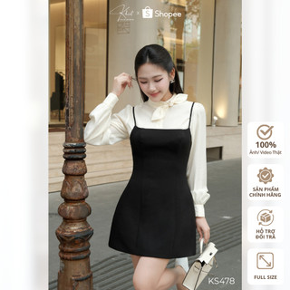 Set áo blouse tơ kem phối váy 2 dây đen Khiết, phong cách thanh lịch KS478