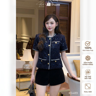 Set áo tweed kim sa xanh navy phối quần short nhung đen Khiết Style phong cách tiệc tùng sang chảnh KS489