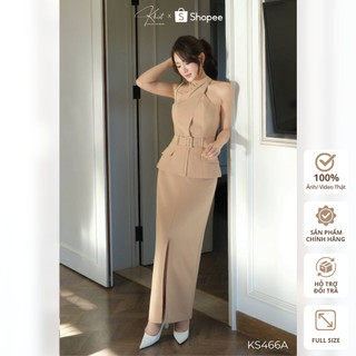 Set áo Khiết Style cổ yếm nâu phối belt & chân váy xẻ trước thanh lịch, phong cách công sở tiệc nhẹ sang trọng KS466A