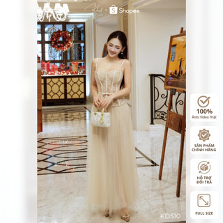 Đầm ren lưới Khiết Style tone champagne ngọt ngào, thiết kế 2 dây phối nơ ngọc trai dài xòe, phong cách tiểu thư KD510