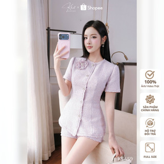 Set áo tweed và quần Khiết Style tone tím đính nút ánh kim phong cách sang trọng KS459