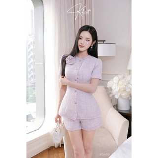 Set áo tweed và quần Khiết Style tone tím đính nút ánh kim phong cách sang trọng KS459