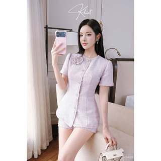 Set áo tweed và quần Khiết Style tone tím đính nút ánh kim phong cách sang trọng KS459