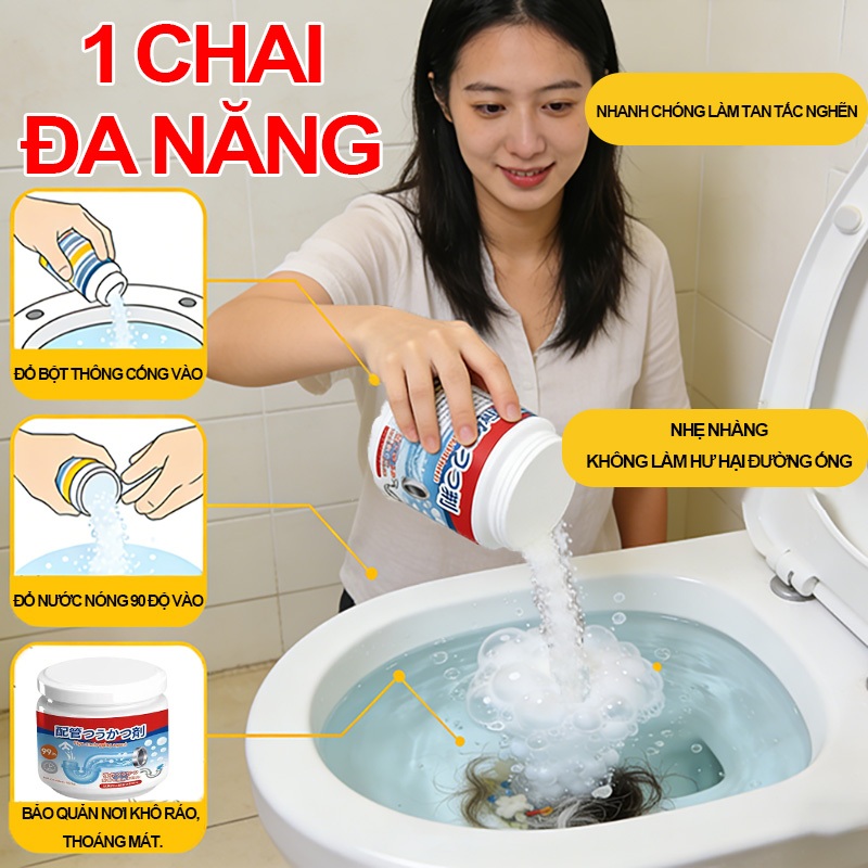 Bột thông cống siêu hiệu quả, dùng để thông tắc đường ống, bồn cầu, bồn rửa chén và cống rãnh.