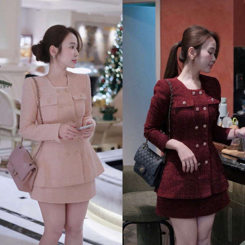 ZIMM STORE-Set áo khoác dạ Tweed dáng peplum tôn vòng 2 phối chân váy chữ A cùng màu cực xinh
