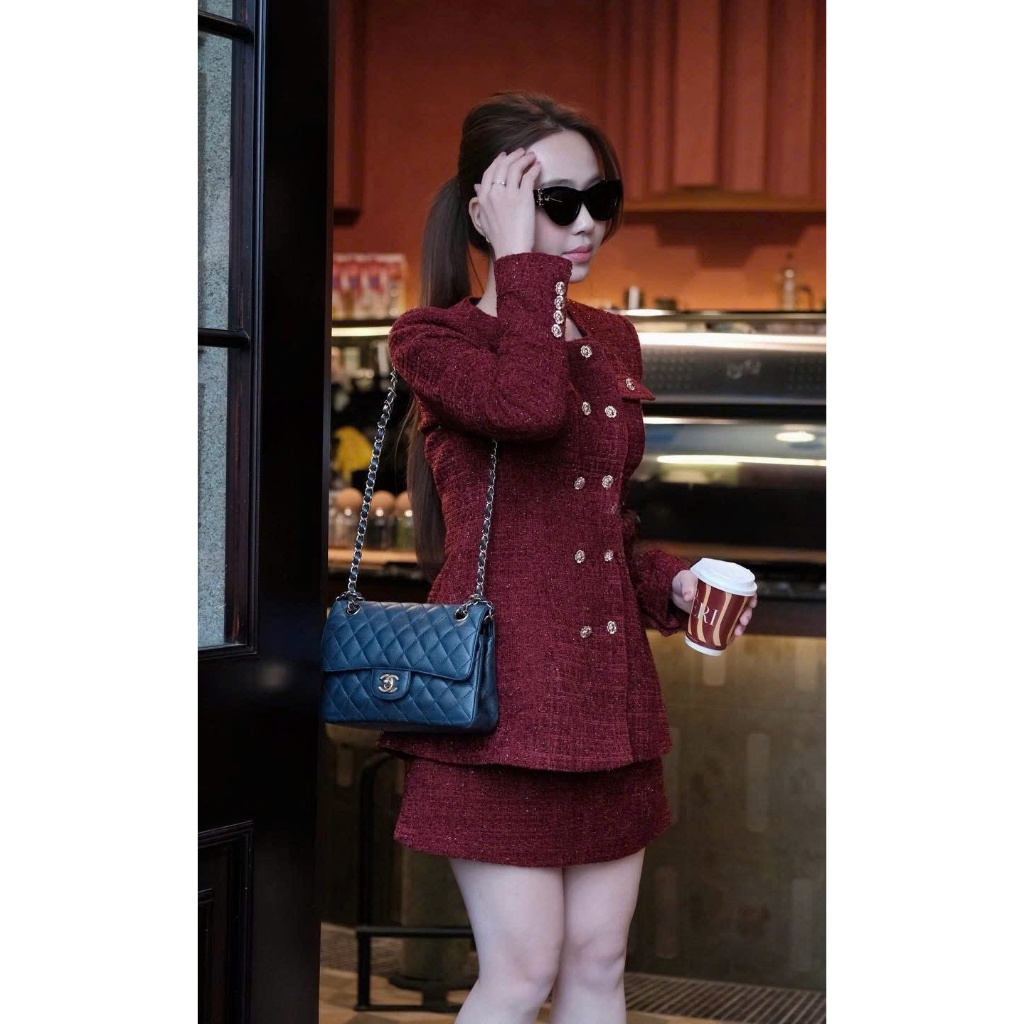 ZIMM STORE-Set áo khoác dạ Tweed dáng peplum tôn vòng 2 phối chân váy chữ A cùng màu cực xinh
