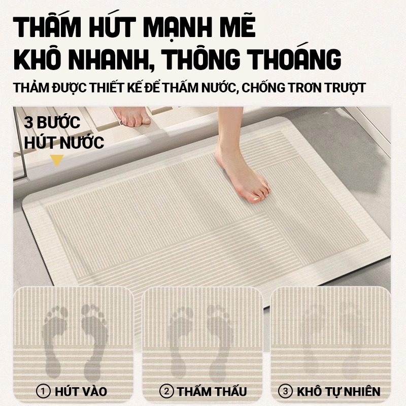 Kaleis Thảm Silicon Lau Chân Cao Cấp – Siêu Thấm Nước, Chống Trượt Đế Cao Su, An Toàn Cho Phòng Tắm & Nhà Bếp