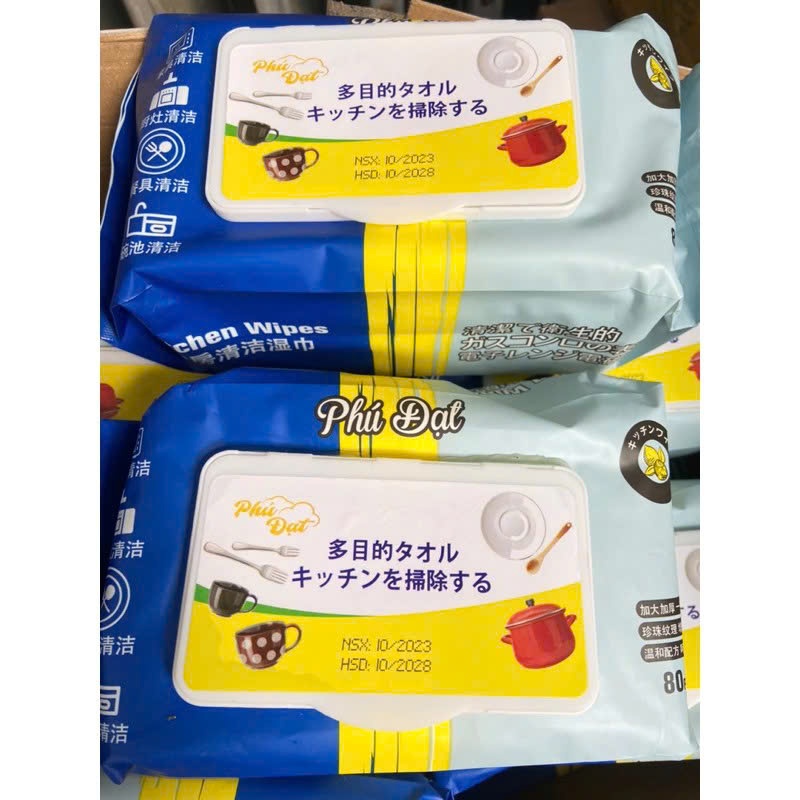 Khăn ướt lau bếp, lau đồ dùng đa năng Phú Đạt- Gói 80 tờ MẪU MỚI