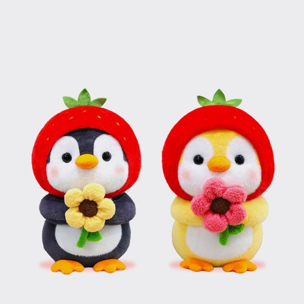 Gấu Bông Chim Cánh Cụt Độ Mũ Dâu Ôm Hoa Siêu Cấp Cute, Chim Cánh Cục Nhồi Bông Đáng Yêu Làm Quà Tặng Cho Bé, Bạn Nữ
