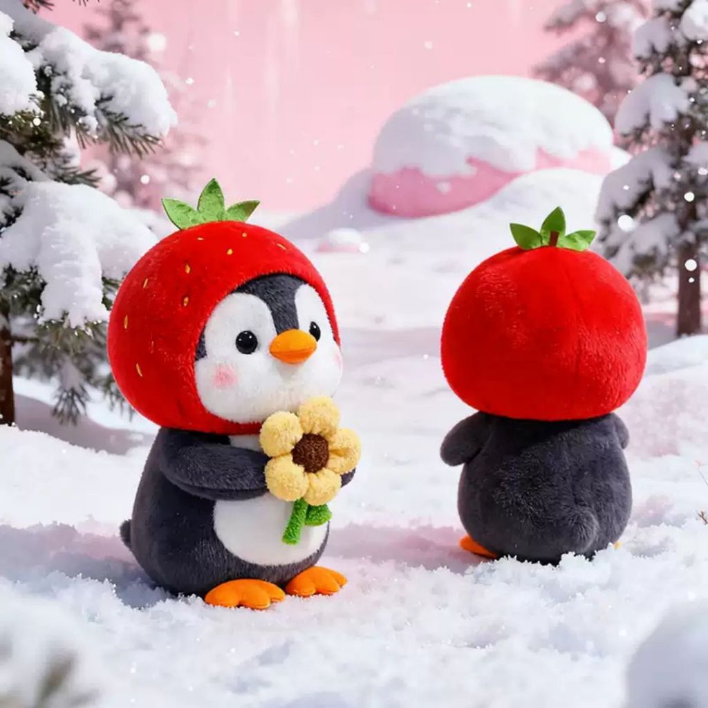 Gấu Bông Chim Cánh Cụt Độ Mũ Dâu Ôm Hoa Siêu Cấp Cute, Chim Cánh Cục Nhồi Bông Đáng Yêu Làm Quà Tặng Cho Bé, Bạn Nữ