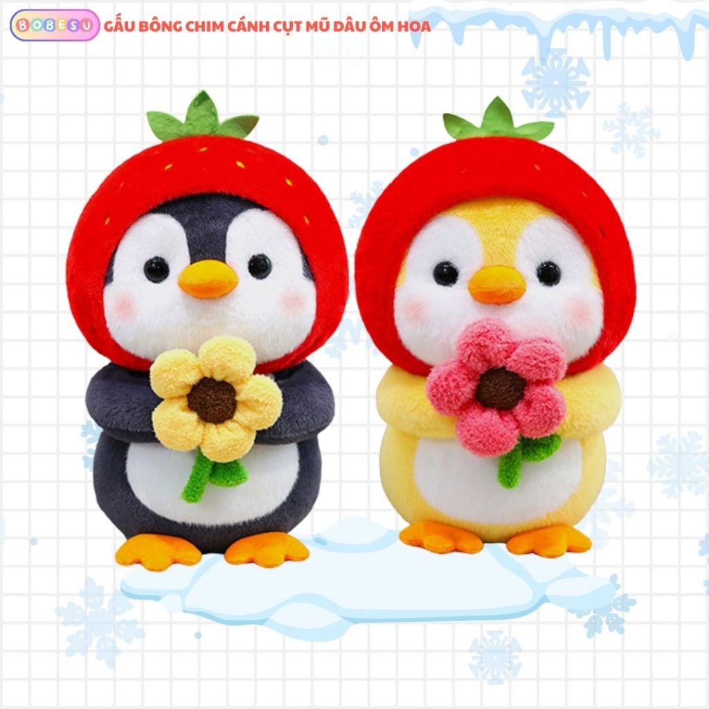 Gấu Bông Chim Cánh Cụt Mũ Dâu Ôm Hoa Dễ Thương, Thú Nhồi Bông Chim Cánh Cục Quà Tặng Cho Bạn Gái/Trai, Cho Bé, Bobesu