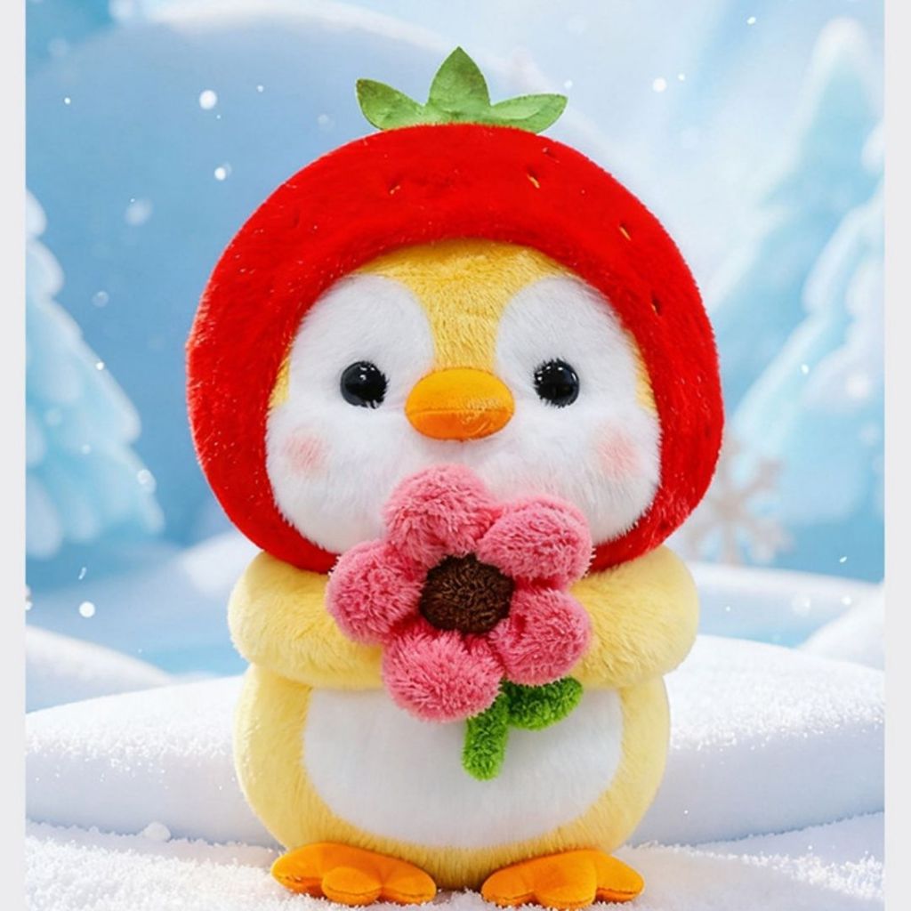 Gấu Bông Chim Cánh Cụt Độ Mũ Dâu Ôm Hoa Siêu Cấp Cute, Chim Cánh Cục Nhồi Bông Đáng Yêu Làm Quà Tặng Cho Bé, Bạn Nữ