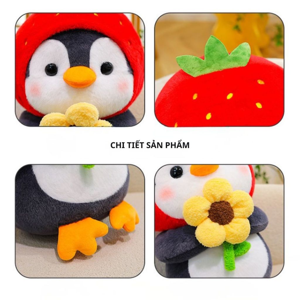 Gấu Bông Chim Cánh Cụt Độ Mũ Dâu Ôm Hoa Siêu Cấp Cute, Chim Cánh Cục Nhồi Bông Đáng Yêu Làm Quà Tặng Cho Bé, Bạn Nữ