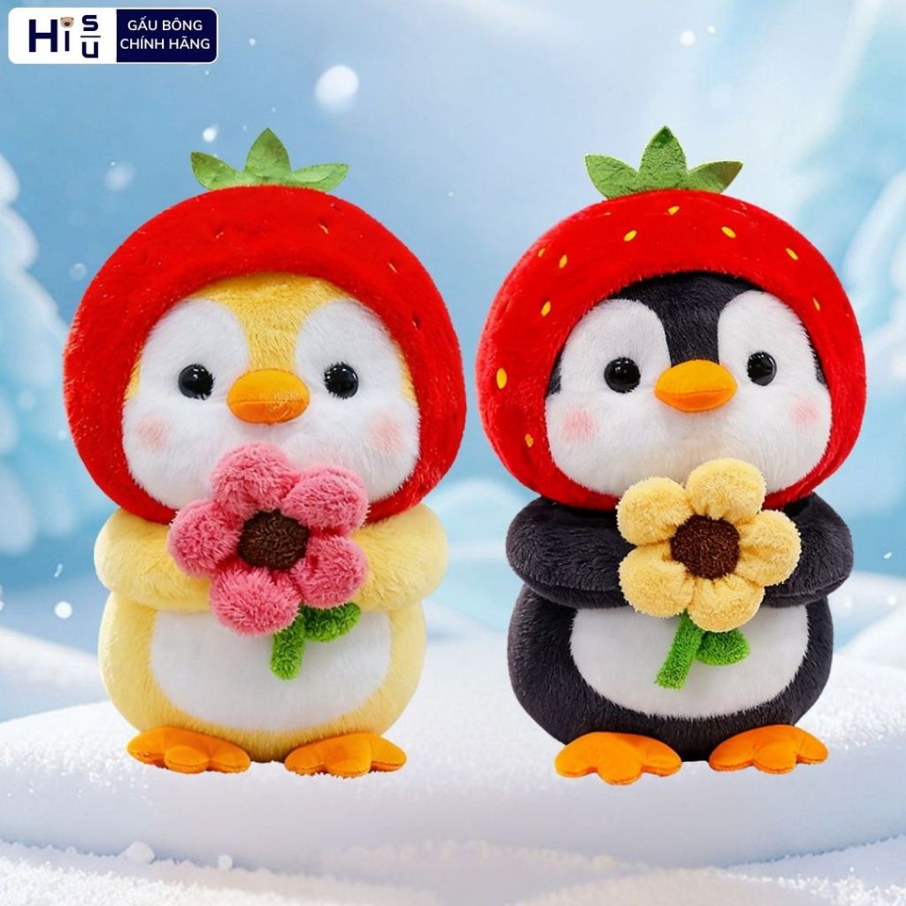 Gấu Bông Chim Cánh Cụt Độ Mũ Dâu Ôm Hoa Siêu Cấp Cute, Chim Cánh Cục Nhồi Bông Đáng Yêu Làm Quà Tặng Cho Bé, Bạn Nữ