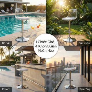 KUKA Ghế Bar Ngoài Trời Sân Vườn Trong Suốt Acrylic Xoay 360 Độ Nâng Hạ Bền Bỉ Sang Trọng Cao Cấp