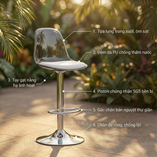 KUKA Ghế Bar Ngoài Trời Sân Vườn Trong Suốt Acrylic Xoay 360 Độ Nâng Hạ Bền Bỉ Sang Trọng Cao Cấp