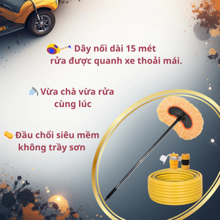 Chổi Rửa Xe Đa Năng 2in1 – Đầu Chổi Xoay 3 Nấc 15°, Sợi Cotton Mềm, Kèm Dây Nước Rửa Xe Ô Tô Xe Máy