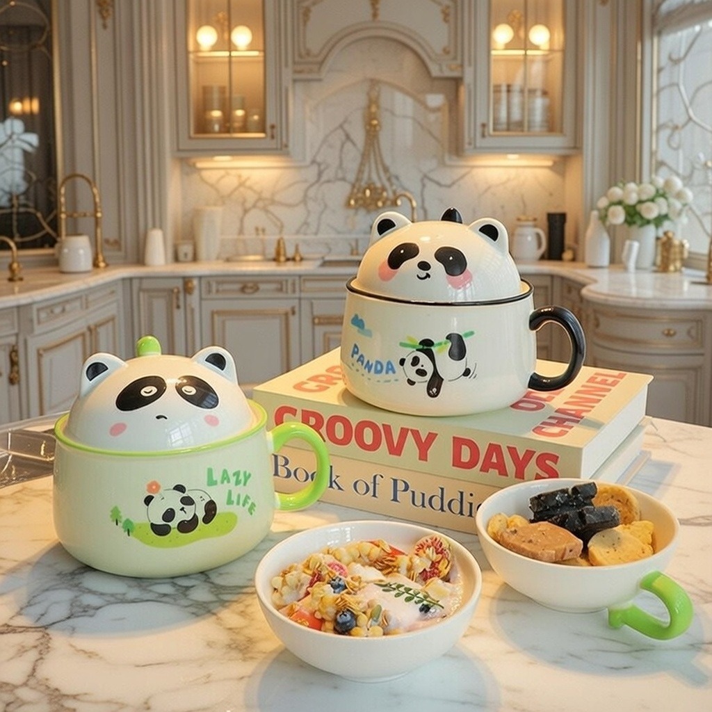 Tô Sứ Panda 3D Hình Gấu Trúc Ăn Mì Dung Tích Lớn 1020ml - Bát Úp Mì Có Nắp Decor Dễ Thương Siêu Cute