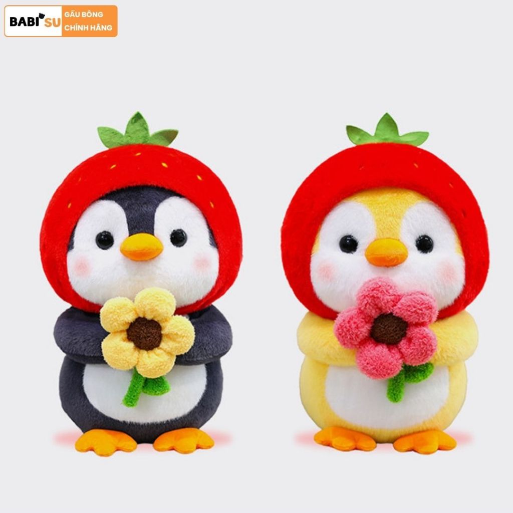 Gấu Bông Chim Cánh Cụt Đội Mũ Dâu Tây Ôm Hoa, Chim Cánh Cục Nhổi Bông Dễ Thương Làm Quà Tặng Cho Bé,Bạn Nữ