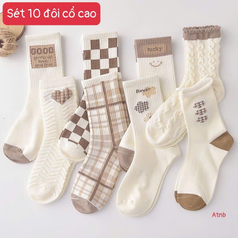 et 10 Đôi Tất Nữ Cổ Cao Vintage Tone Nâu – Tất Len Cotton Mềm Mịn, Phối Đồ Mùa Thu Đông