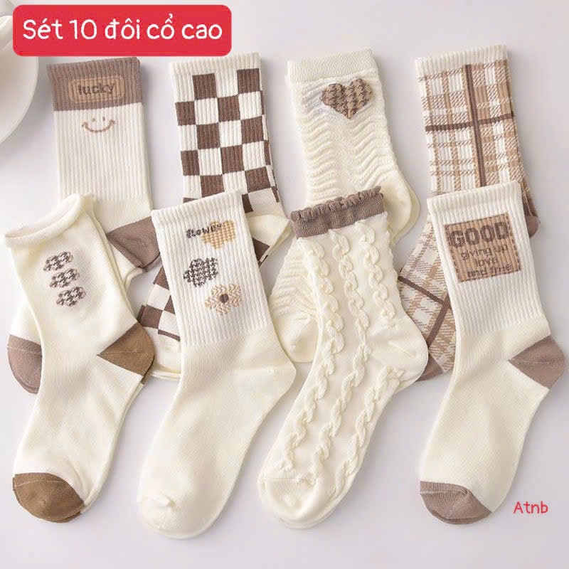 et 10 Đôi Tất Nữ Cổ Cao Vintage Tone Nâu – Tất Len Cotton Mềm Mịn, Phối Đồ Mùa Thu Đông