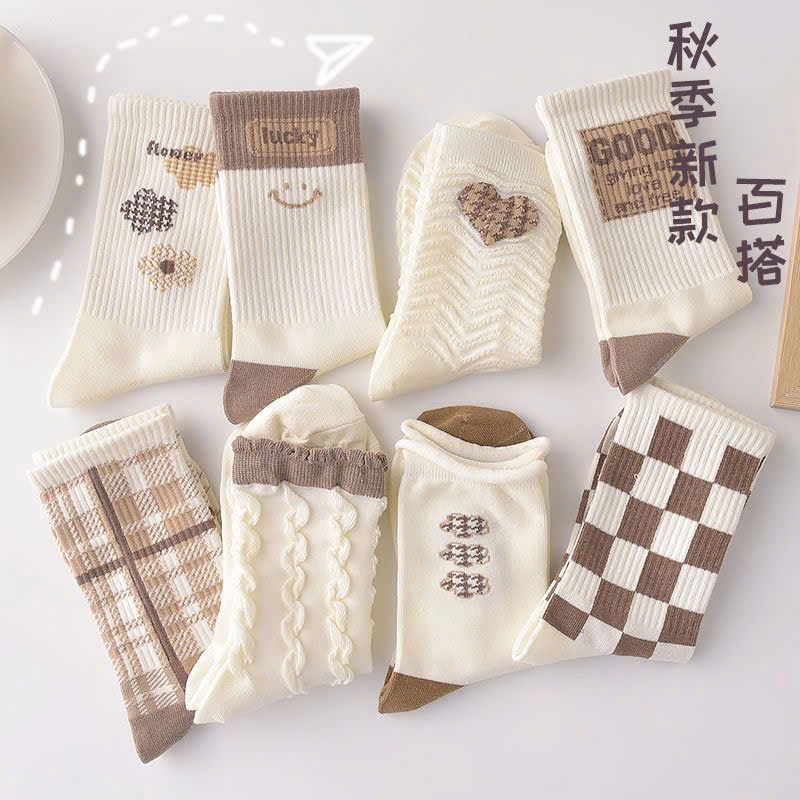 et 10 Đôi Tất Nữ Cổ Cao Vintage Tone Nâu – Tất Len Cotton Mềm Mịn, Phối Đồ Mùa Thu Đông