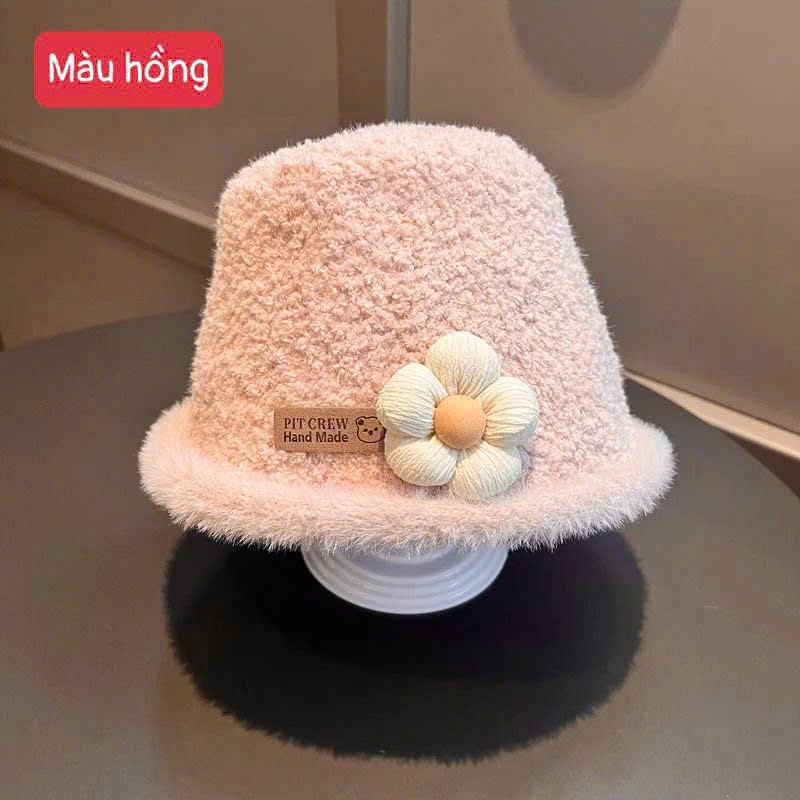 Mũ Bucket Lông Xù Hoa Cúc Dễ Thương – Mũ Len Giữ Ấm Phong Cách Hàn Quốc Cho Bé Gái