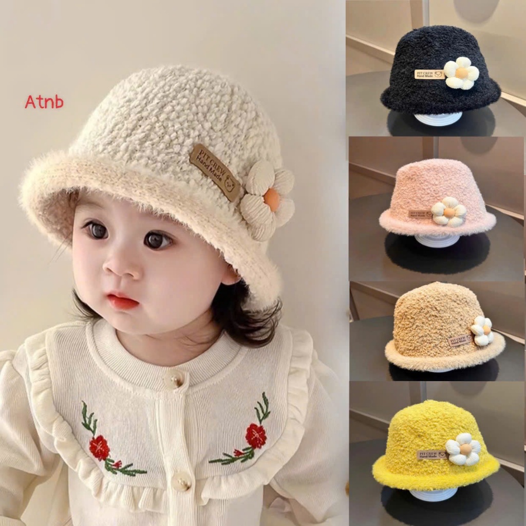 Mũ Bucket Lông Xù Hoa Cúc Dễ Thương – Mũ Len Giữ Ấm Phong Cách Hàn Quốc Cho Bé Gái