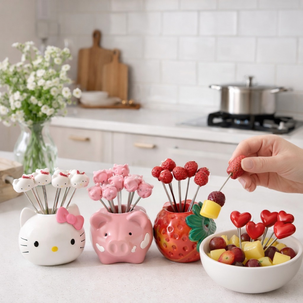 Bộ 10 Nĩa Ăn Trái Cây Cute Bằng Thép Không Gỉ 304 - Dĩa Hình Dạng Dễ Thương Có Hộp Đựng