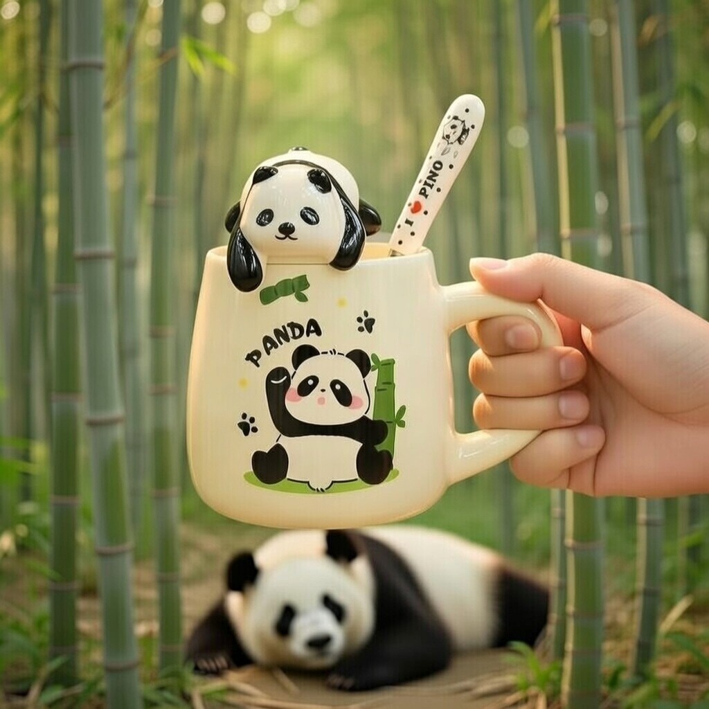 Cốc Sứ Panda 450ml Cute Có Nắp 3D Và Thìa - Ly Gấu Trúc Dễ Thương Kèm Muỗng Uống Nước Cafe Văn Phòng Quà Tặng Siêu Hot