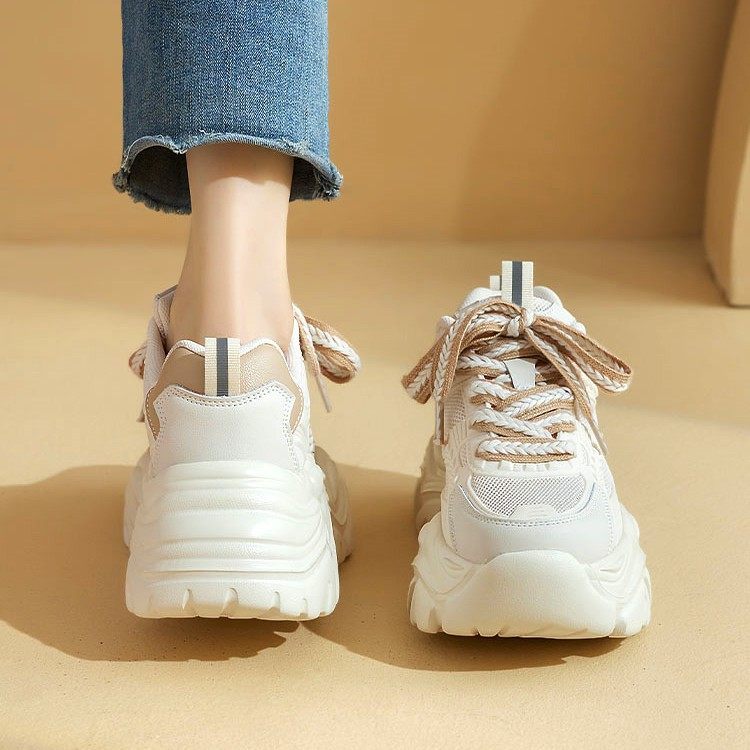 HÀNG CAO CẤP - Giày Sneaker Dad Shoes Trắng – Đế Dày Hack Chiều Cao, Phối Dây Nâu Be