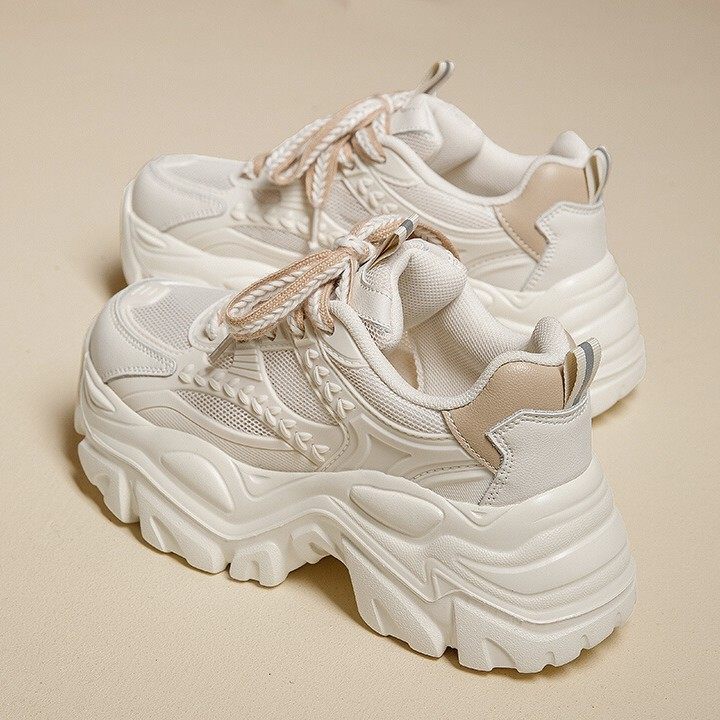 HÀNG CAO CẤP - Giày Sneaker Dad Shoes Trắng – Đế Dày Hack Chiều Cao, Phối Dây Nâu Be