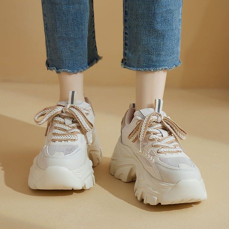 HÀNG CAO CẤP - Giày Sneaker Dad Shoes Trắng – Đế Dày Hack Chiều Cao, Phối Dây Nâu Be