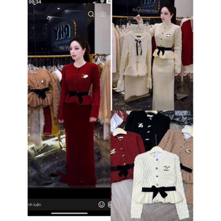 Áo cadigan len cổ tròn dáng peplum kèm nơ nhung