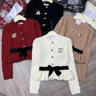Áo cadigan len cổ tròn dáng peplum kèm nơ nhung