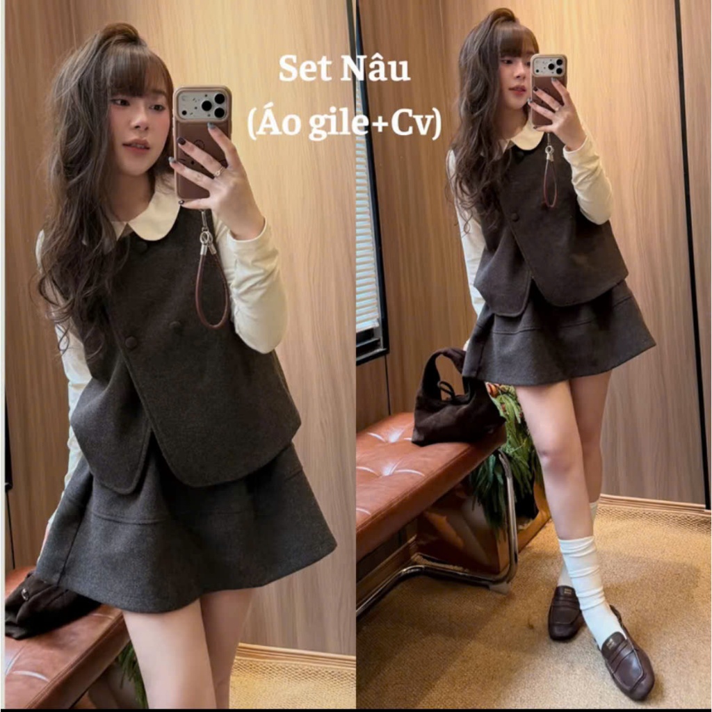 Set Dạ 2 Chi Tiết Áo Gile 4 cúc + Chân Váy Cạp Chun Chất Dạ Phong Cách Thời Trang Mùa Thu Đông (Ko kèm áo trong)