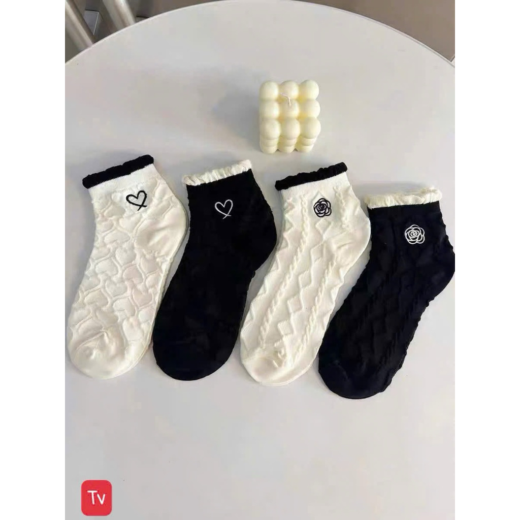 Set 10 Đôi Tất Nữ Cổ Ngắn Thêu Trái Tim & Hoa – Vớ Cotton Dập Vân Mềm Mại, Phong Cách Hàn Quốc