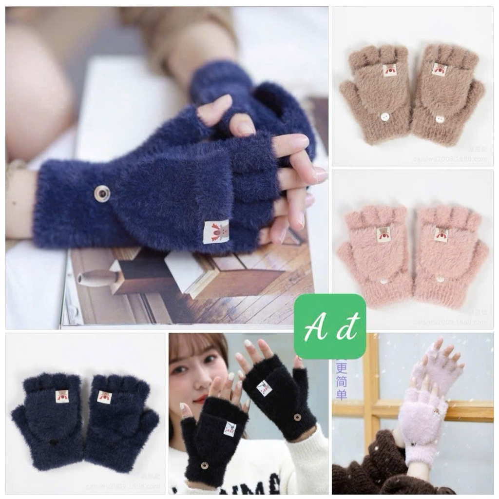 Găng Tay Len Hở Ngón Giữ Ấm – Găng Tay Lông Mềm Có Nắp Cài, Phong Cách Hàn Quốc Mùa Đông