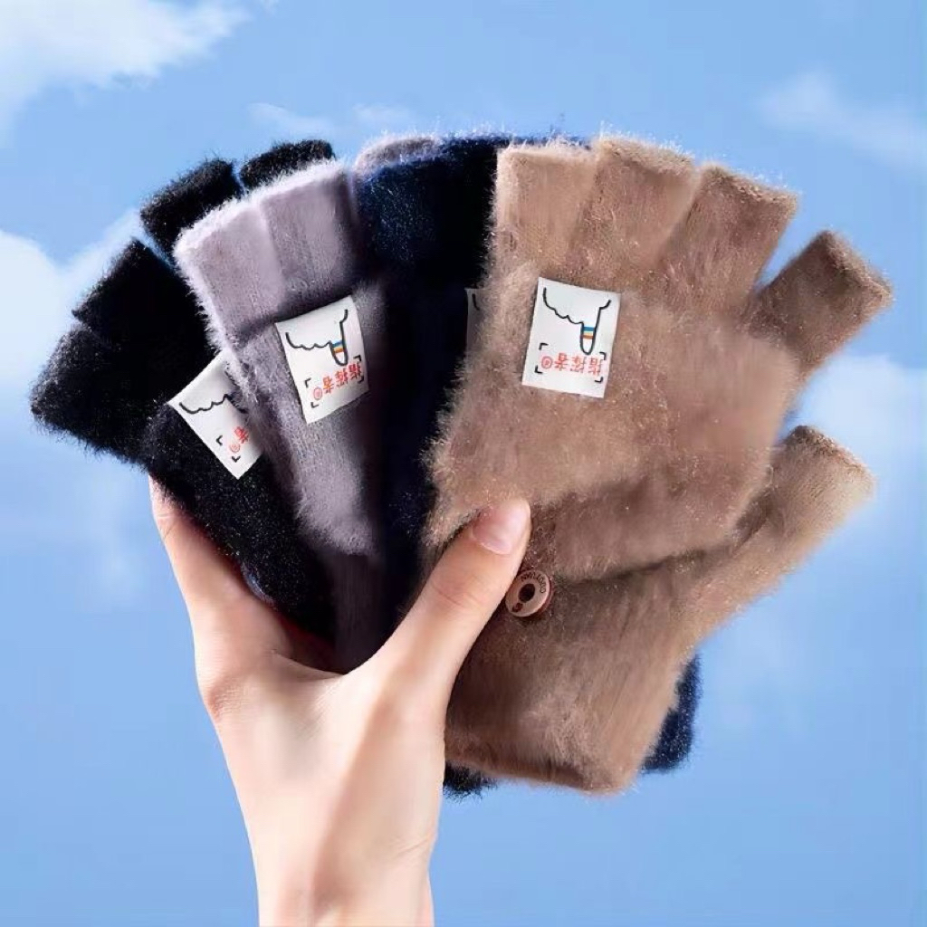 Găng Tay Len Hở Ngón Giữ Ấm – Găng Tay Lông Mềm Có Nắp Cài, Phong Cách Hàn Quốc Mùa Đông