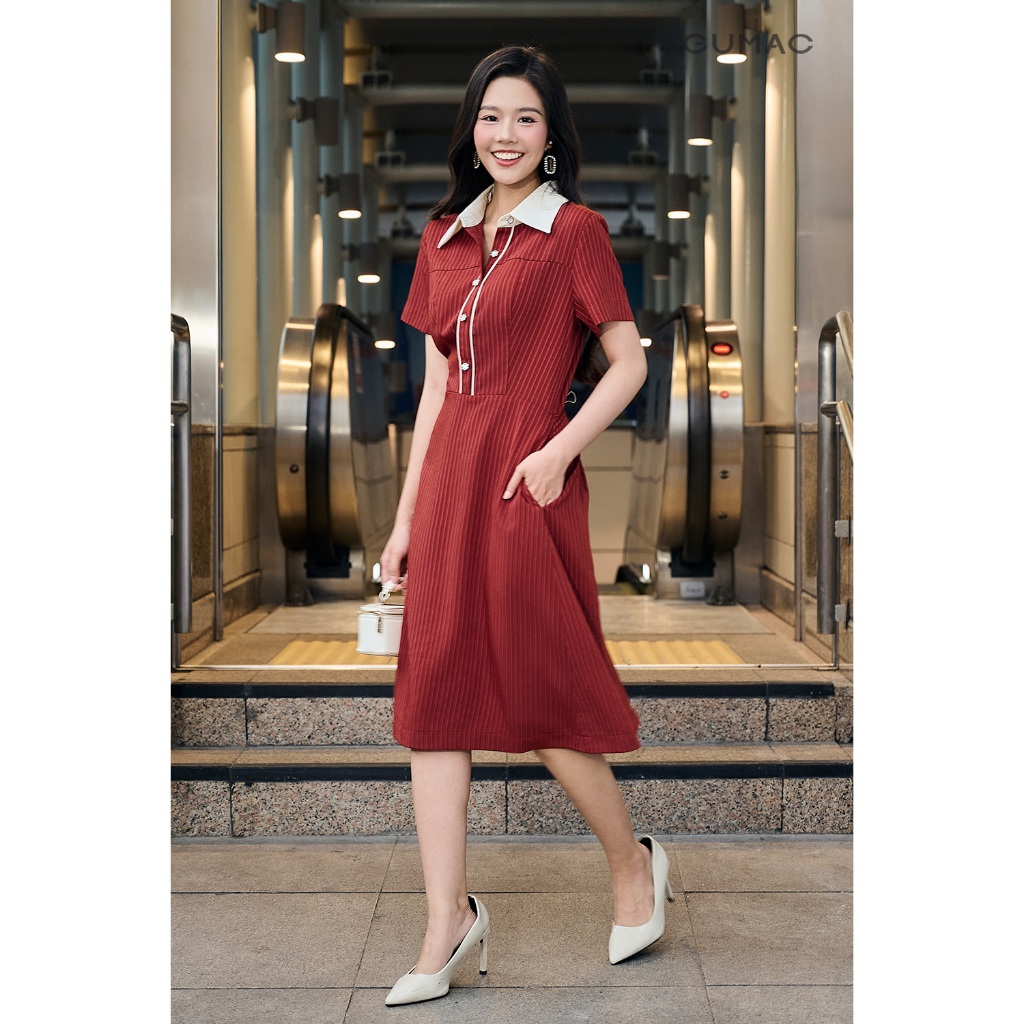 Đầm GUMAC form A tay ngắn cổ sơ mi viền nẹp phối màu trẻ trung DF12025