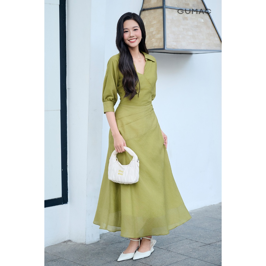 Đầm Nữ Dáng A Xòe GUMAC Tay Lỡ Chất Tơ Linen 2 Lớp Phối Eo Xếp Ly Không Túi DF12065