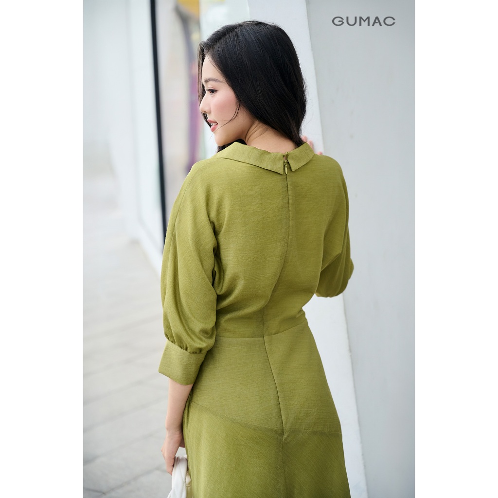 Đầm GUMAC form A xòe tay lỡ xếp eo đầm may hai lớp không có túi DF12065