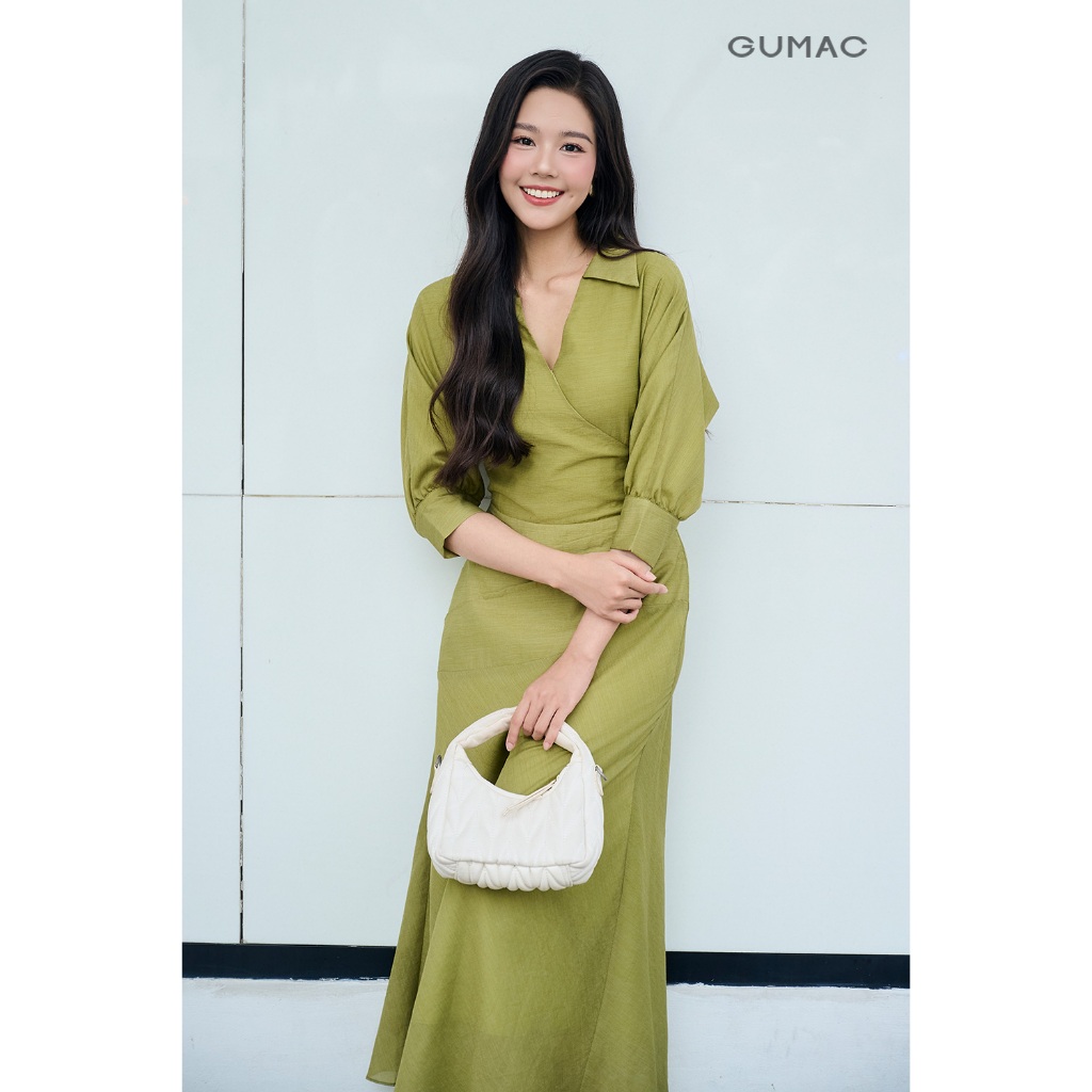 Đầm GUMAC form A xòe tay lỡ xếp eo đầm may hai lớp không có túi DF12065