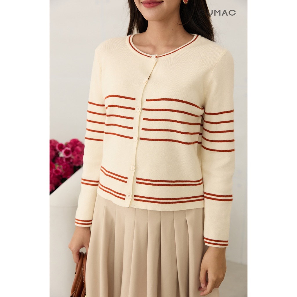 Áo len cardigan GUMAC form suông cổ tròn tay dài có viền sọc AF12017
