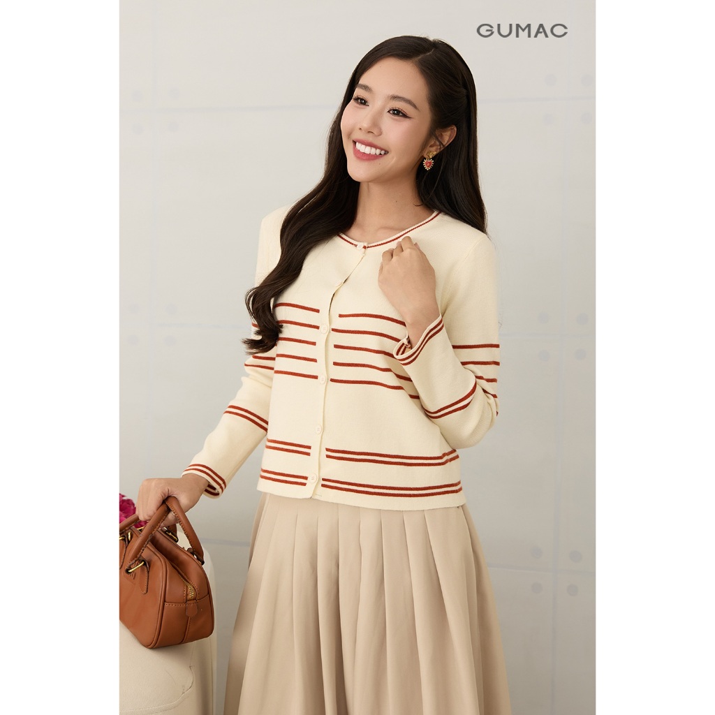Áo len cardigan GUMAC form suông cổ tròn tay dài có viền sọc AF12017