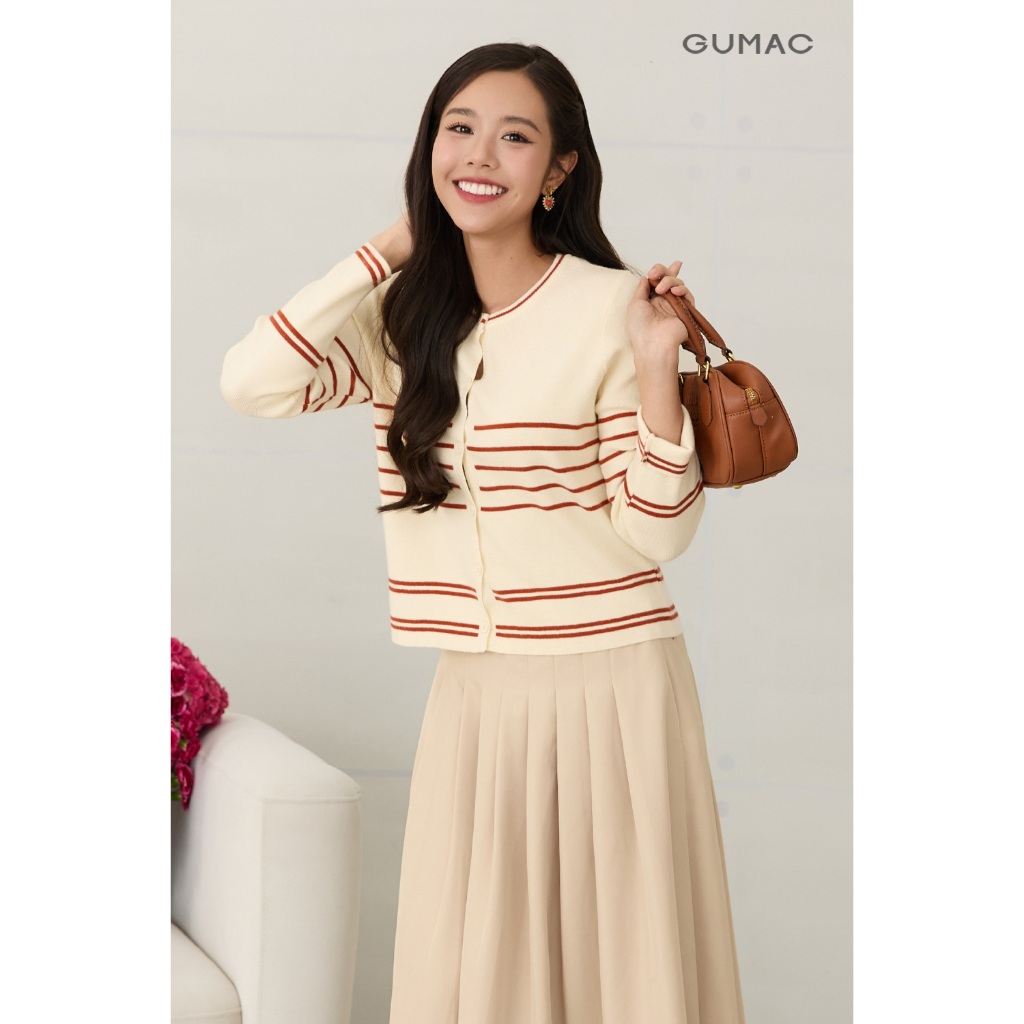 Áo len cardigan GUMAC form suông cổ tròn tay dài có viền sọc AF12017