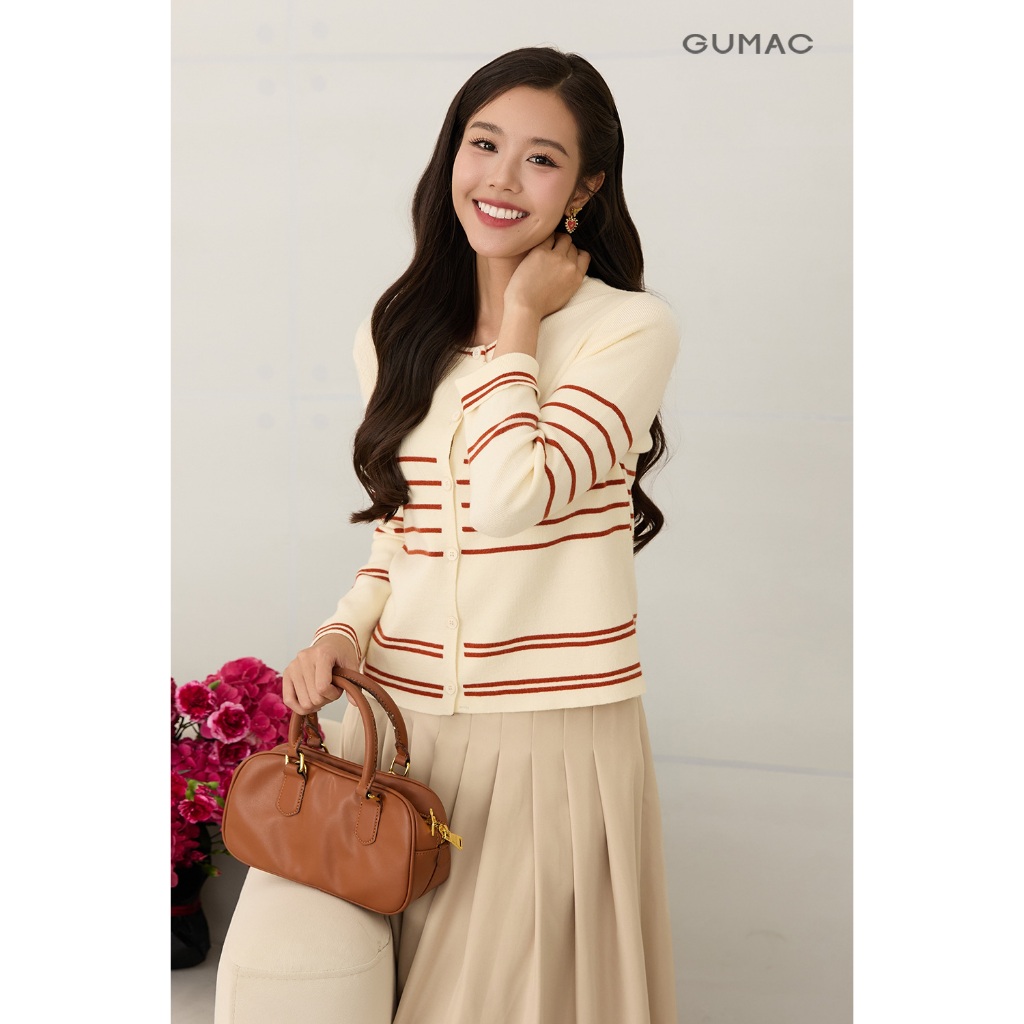 Áo len cardigan GUMAC form suông cổ tròn tay dài có viền sọc AF12017