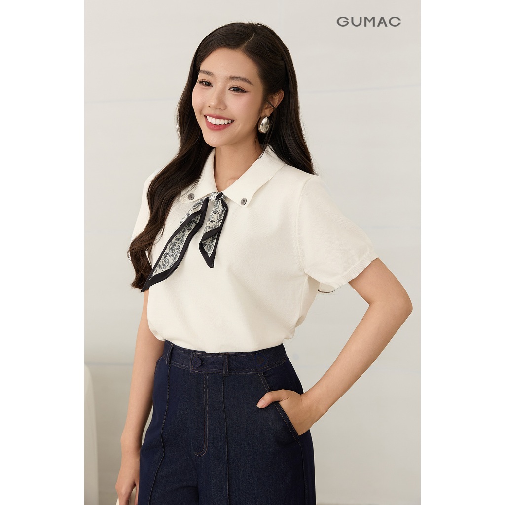[NEW] Áo len nữ GUMAC dệt kim phối cổ form suông tay ngắn  AF12018